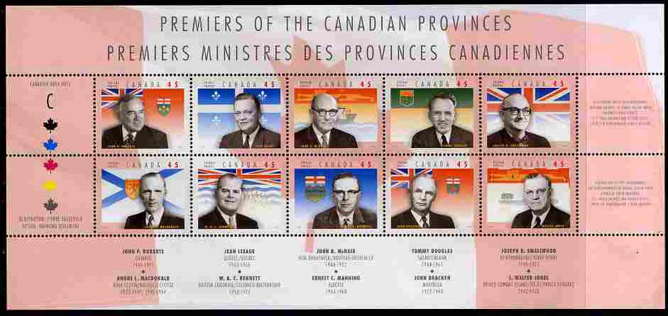 Canada 1998 Canadian Provincial Premiers perf sheetlet containing 10 values unmounted mint, SG 1769-78, stamps on , stamps on  stamps on constitutions, stamps on  stamps on flags, stamps on  stamps on arms, stamps on  stamps on heraldry