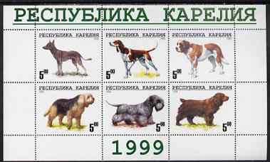 Karjala Republic 1999 Dogs #5 perf sheetlet containing set of 6 values unmounted mint (White border with green text), stamps on , stamps on  stamps on dogs, stamps on  stamps on bernard