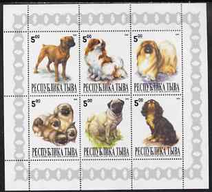 Touva 1999 Dogs #2 perf sheetlet containing set of 6 values unmounted mint (white background grey pattened border), stamps on , stamps on  stamps on dogs