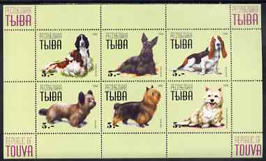 Touva 1999 Dogs #4 perf sheetlet containing set of 6 values unmounted mint (yellow-green background), stamps on , stamps on  stamps on dogs, stamps on  stamps on springer, stamps on  stamps on scotish, stamps on  stamps on terriers, stamps on  stamps on basset, stamps on  stamps on west highland, stamps on  stamps on skye, stamps on  stamps on scots, stamps on  stamps on scotland