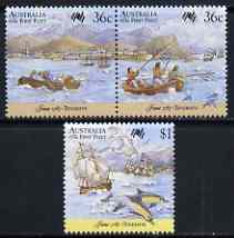 Australia 1987 Bicentenary of Australian Settlement (7th series) First fleet at Tenerife set of 3 unmounted mint, SG 1064-66, stamps on , stamps on  stamps on ships, stamps on  stamps on explorers, stamps on  stamps on dolphins