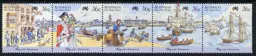 Australia 1987 Bicentenary of Australian Settlement (6th series) Departure of First Fleet se-tenant strip of 5 unmounted mint SG 1059a, stamps on , stamps on  stamps on ships, stamps on  stamps on convicts, stamps on  stamps on 