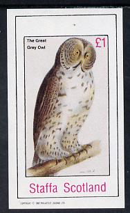 Staffa 1982 Birds #32 (Great Grey Owl) imperf souvenir sheet (£1 value) unmounted mint , stamps on birds, stamps on birds of prey, stamps on owls