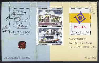 Aland Islands 1993 Postal Autonomy m/sheet unmounted mint, SG MS 65, stamps on , stamps on  stamps on postal, stamps on  stamps on post offices, stamps on  stamps on vans, stamps on  stamps on ferry, stamps on  stamps on 