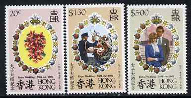 Hong Kong 1981 Royal Wedding set of 3 unmounted mint, SG 399-401, stamps on , stamps on  stamps on royalty, stamps on charles, stamps on  stamps on diana, stamps on  stamps on flowers