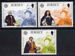 Jersey 1992 Europa - 500th Anniversary of Discovery of America by Columbus set of 3 unmounted mint, SG 584-86, stamps on , stamps on  stamps on europa, stamps on  stamps on columbus, stamps on  stamps on explorers, stamps on  stamps on ships, stamps on  stamps on 