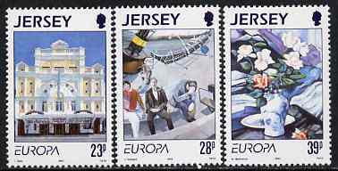 Jersey 1993 Europa - Contemporary Art set of 3 unmounted mint, SG 625-27, stamps on , stamps on  stamps on europa, stamps on  stamps on arts, stamps on  stamps on opera, stamps on  stamps on music, stamps on  stamps on food, stamps on  stamps on flowers