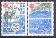 Monaco 1986 Europa set of 2 unmounted mint, SG 1778-79, stamps on , stamps on  stamps on europa, stamps on  stamps on ships, stamps on  stamps on underwater, stamps on  stamps on microscopes, stamps on  stamps on fish, stamps on  stamps on chemistry