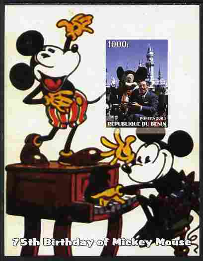 Benin 2003 75th Birthday of Mickey Mouse #10 imperf s/sheet also showing Walt Disney, unmounted mint. Note this item is privately produced and is offered purely on its thematic appeal, stamps on disney, stamps on cartoons, stamps on personalities, stamps on films, stamps on cinema, stamps on movies