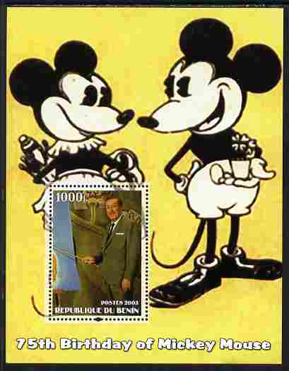 Benin 2003 75th Birthday of Mickey Mouse #11 perf s/sheet also showing Walt Disney, unmounted mint. Note this item is privately produced and is offered purely on its thematic appeal, stamps on disney, stamps on cartoons, stamps on personalities, stamps on films, stamps on cinema, stamps on movies