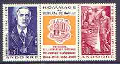 Andorra - French 1972 General De Gaulles Visit strip of 3 (2 stamps plus label) unmounted mint, SG F243a, stamps on de gaulle, stamps on constitutions, stamps on arms, stamps on heraldry, stamps on personalities, stamps on de gaulle, stamps on  ww1 , stamps on  ww2 , stamps on militaria