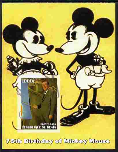 Benin 2003 75th Birthday of Mickey Mouse #11 imperf s/sheet also showing Walt Disney, unmounted mint. Note this item is privately produced and is offered purely on its thematic appeal, stamps on disney, stamps on cartoons, stamps on personalities, stamps on films, stamps on cinema, stamps on movies