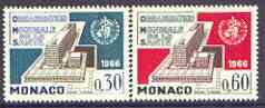 Monaco 1966 Inauguration of World Health Organisation Headquarters set of 2 unmounted mint, SG 866-67, stamps on , stamps on  stamps on united nations, stamps on  stamps on  who , stamps on  stamps on medical
