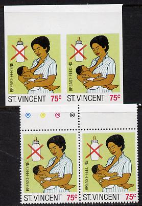 St Vincent 1987 Child Health 75c (as SG 1051) unmounted mint imperf pair plus normal pair*, stamps on children   medical