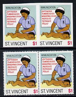 St Vincent 1987 Child Health $1 (as SG 1052) unmounted mint imperf pair plus normal pair*, stamps on , stamps on  stamps on children, stamps on medical, stamps on nurses, stamps on clocks