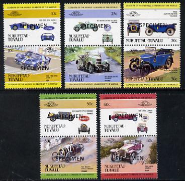 Tuvalu - Nukufetau 1984 Cars #1 (Leaders of the World) set of 10 opt'd SPECIMEN unmounted mint, stamps on , stamps on  stamps on cars    ford     morris    austin    bugatti    lancia    