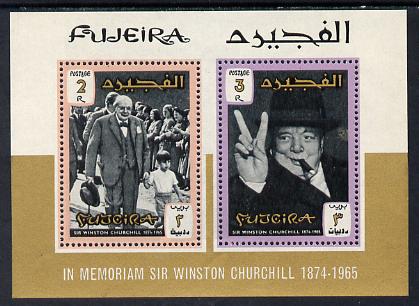 Fujeira 1966 Churchill Commemoration perf m/sheet containing 2 values unmounted mint, SG MS75, stamps on churchill  personalities