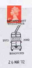 Postmark - Great Britain 2002 cover with Britains Last Trolleybus 1972-2002, Bradford cancel illustrated with Trolleybus, stamps on transport, stamps on buses