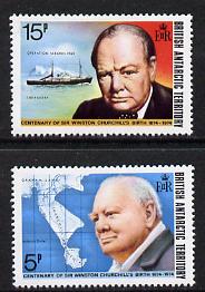 British Antarctic Territory 1974 Churchill Birth Centenary set of 2 unmounted mint, SG 61-62, stamps on , stamps on  stamps on churchill, stamps on  stamps on personalities, stamps on  stamps on maps, stamps on  stamps on ships