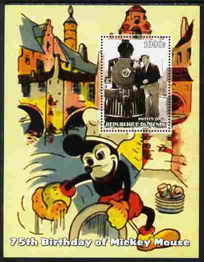Benin 2003 75th Birthday of Mickey Mouse #12 perf s/sheet also showing Walt Disney, unmounted mint. Note this item is privately produced and is offered purely on its thematic appeal, stamps on , stamps on  stamps on disney, stamps on  stamps on cartoons, stamps on  stamps on personalities, stamps on  stamps on films, stamps on  stamps on cinema, stamps on  stamps on movies, stamps on  stamps on railways