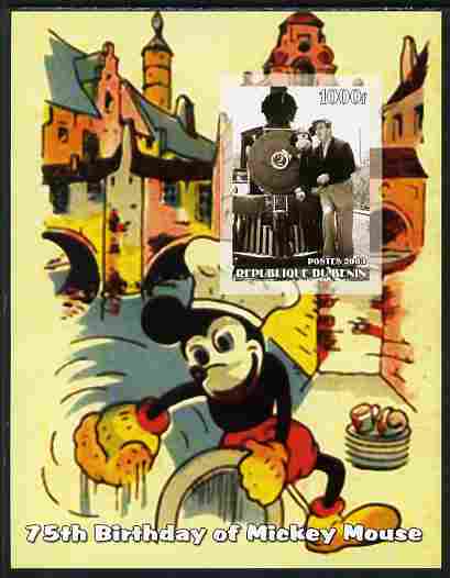 Benin 2003 75th Birthday of Mickey Mouse #12 imperf s/sheet also showing Walt Disney, unmounted mint. Note this item is privately produced and is offered purely on its th..., stamps on disney, stamps on cartoons, stamps on personalities, stamps on films, stamps on cinema, stamps on movies, stamps on railways