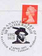 Postmark - Great Britain 2002 cover with 450th Anniversary of Sir Walter Raleigh cancel illustrated with Raleigh, stamps on explorers, stamps on tobacco