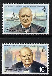 Falkland Islands 1974 Birth Centenary of Sir Winston Churchill set of 2 unmounted mint, SG 304-5, stamps on , stamps on  stamps on churchill, stamps on  stamps on personalities, stamps on  stamps on london, stamps on  stamps on ships