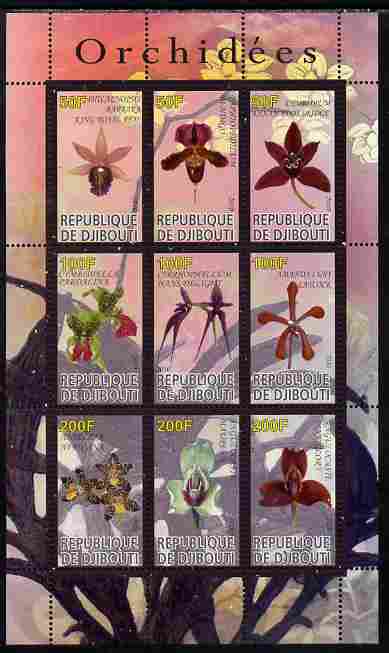 Djibouti 2010 Orchids perf sheetlet containing 9 values unmounted mint, stamps on , stamps on  stamps on flowers, stamps on  stamps on orchids