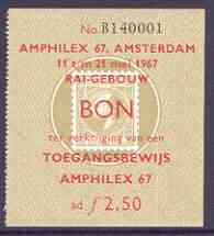 Netherlands 1967 Amphilex 67 Stamp Exhibition 2f50 admission ticket featuring 15c stamp of 1867, superb, stamps on stamp exhibitions, stamps on stamp on stamp, stamps on stamponstamp