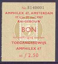 Netherlands 1967 Amphilex 67 Stamp Exhibition 2f50 admission ticket featuring 15c stamp of 1867, superb, stamps on , stamps on  stamps on stamp exhibitions, stamps on  stamps on stamp on stamp, stamps on  stamps on stamponstamp