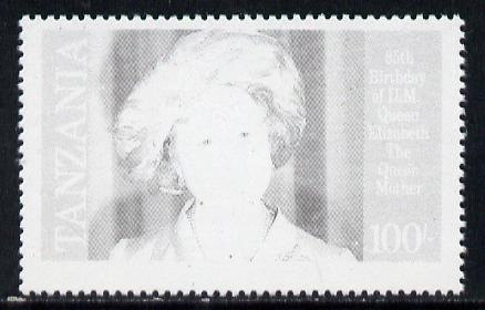 Tanzania 1985 Life & Times of HM Queen Mother 100s (SG 428) unmounted mint perforated colour proof single in black only*, stamps on , stamps on  stamps on royalty     queen mother