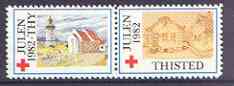 Cinderella - Denmark (Thisted Thy) 1982 Christmas Red Cross se-tenant set of 2 perf labels produced by Thisted Thy Red Cross unmounted mint, stamps on , stamps on  stamps on christmas, stamps on  stamps on red cross, stamps on  stamps on churches, stamps on  stamps on lighthouses.