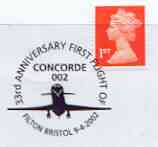 Postmark - Great Britain 2002 cover for 33rd Anniversary of Concorde 002 with Filton cancel illustrated with the Concorde, stamps on aviation, stamps on concorde