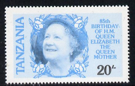 Tanzania 1985 Life & Times of HM Queen Mother 20s (SG 425) unmounted mint perforated colour proof single in blue & black only*, stamps on , stamps on  stamps on royalty, stamps on  stamps on queen mother