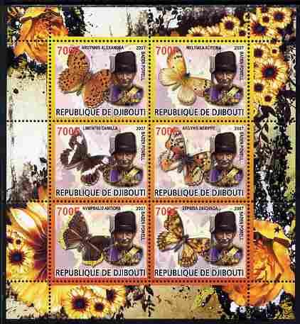 Djibouti 2007 Butterflies Baden Powell perf sheetlet containing 6 values unmounted mint. Note this item is privately produced and is offered purely on its thematic appeal, stamps on , stamps on  stamps on personalities, stamps on  stamps on scouts, stamps on  stamps on butterflies