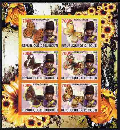 Djibouti 2007 Butterflies Baden Powell imperf sheetlet containing 6 values unmounted mint. Note this item is privately produced and is offered purely on its thematic appeal, stamps on , stamps on  stamps on personalities, stamps on  stamps on scouts, stamps on  stamps on butterflies