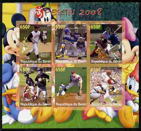 Benin 2007 Beijing Olympic Games - Baseball imperf sheetlet containing 6 values (Disney characters in background)  unmounted mint. Note this item is privately produced and is offered purely on its thematic appeal, stamps on sport, stamps on olympics, stamps on disney, stamps on baseball