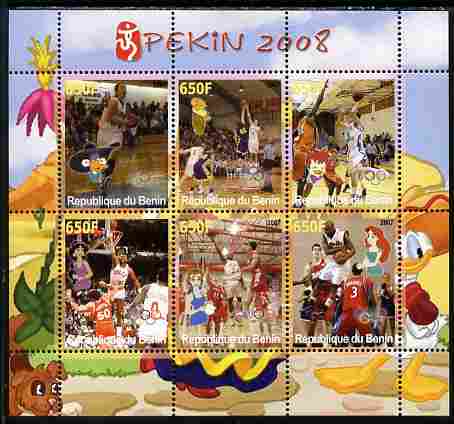 Benin 2007 Beijing Olympic Games - Basketball perf sheetlet containing 6 values (Disney characters in background) unmounted mint. Note this item is privately produced and..., stamps on sport, stamps on olympics, stamps on disney, stamps on basketball