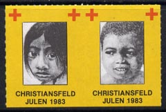 Cinderella - Denmark (Christiansfeld) 1983 Christmas Red Cross set of 2 rouletted labels produced by Christiansfeld Red Cross (children's faces), stamps on , stamps on  stamps on christmas, stamps on  stamps on red cross, stamps on  stamps on children