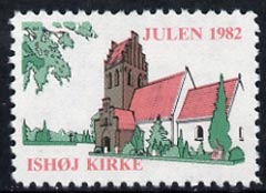 Cinderella - Denmark (Ishoj) 1982 Christmas perf label showing Ishoj Church, stamps on , stamps on  stamps on christmas, stamps on  stamps on churches