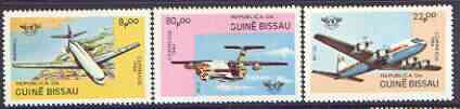 Guinea - Bissau 1984 40th Anniversary of ICAO set of 3 unmounted mint, SG 832-34, stamps on , stamps on  stamps on aviation, stamps on  stamps on caravelle, stamps on  stamps on douglas, stamps on  stamps on dc