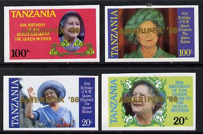 Tanzania 1986 Queen Mother imperf proof set of 4 each with 'AMERIPEX 86' opt in gold (unissued) unmounted mint*, stamps on , stamps on  stamps on postal, stamps on  stamps on royalty, stamps on  stamps on queen mother, stamps on  stamps on stamp exhibitions