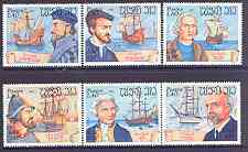 Laos 1983 Explorers & Their Ships complete perf set of 6 unmounted mint, SG 674-79, stamps on , stamps on  stamps on explorers, stamps on  stamps on ships, stamps on  stamps on columbus, stamps on  stamps on cook, stamps on  stamps on cabot, stamps on  stamps on cartier