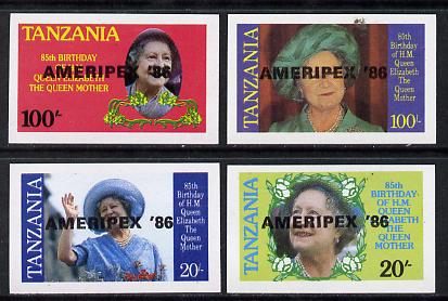 Tanzania 1986 Queen Mother imperf proof set of 4 each with 'AMERIPEX 86' opt in black (unissued) unmounted mint*, stamps on , stamps on  stamps on postal, stamps on  stamps on royalty, stamps on  stamps on queen mother, stamps on  stamps on stamp exhibitions