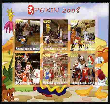 Benin 2007 Beijing Olympic Games - Basketball imperf sheetlet containing 6 values (Disney characters in background) unmounted mint. Note this item is privately produced a..., stamps on sport, stamps on olympics, stamps on disney, stamps on basketball