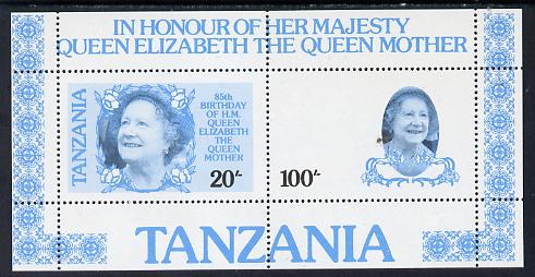 Tanzania 1985 Life & Times of HM Queen Mother m/sheet (containing SG 425 & 427) unmounted mint perforated colour proof in blue & black only, stamps on royalty, stamps on queen mother
