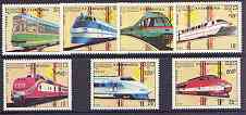 Kampuchea 1989 Trams & Trains complete set of 7 unmounted mint, SG 960-66, stamps on , stamps on  stamps on railways, stamps on  stamps on trams