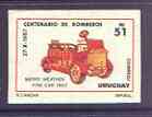 Uruguay 1988 Centenary of Fire Service 51p (Merryweather Fire Engine) imperf proof on gummed paper with blue omitted, superb item, as SG 1937, stamps on fire