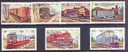 Kampuchea 1984 Railway Locomotives complete perf set of 7 unmounted mint, SG 542-48, stamps on , stamps on  stamps on railways