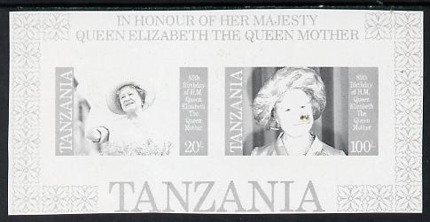 Tanzania 1985 Life & Times of HM Queen Mother m/sheet (containing SG 426 & 428) unmounted mint imperf colour proof in black only, stamps on royalty, stamps on queen mother